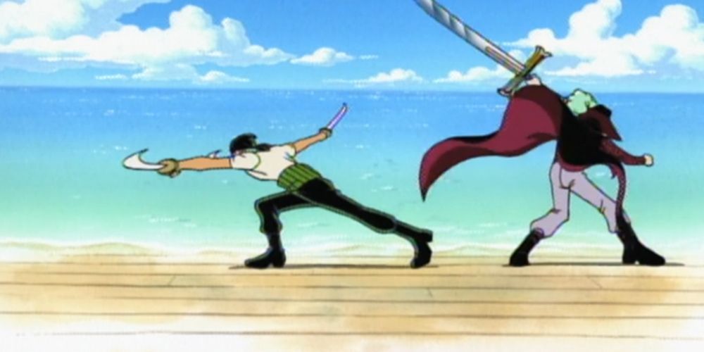 Straw Hat Pirate Roronoa Zoro and Warlord of the Sea Dracule Mihawk's first sword fight in One Piece