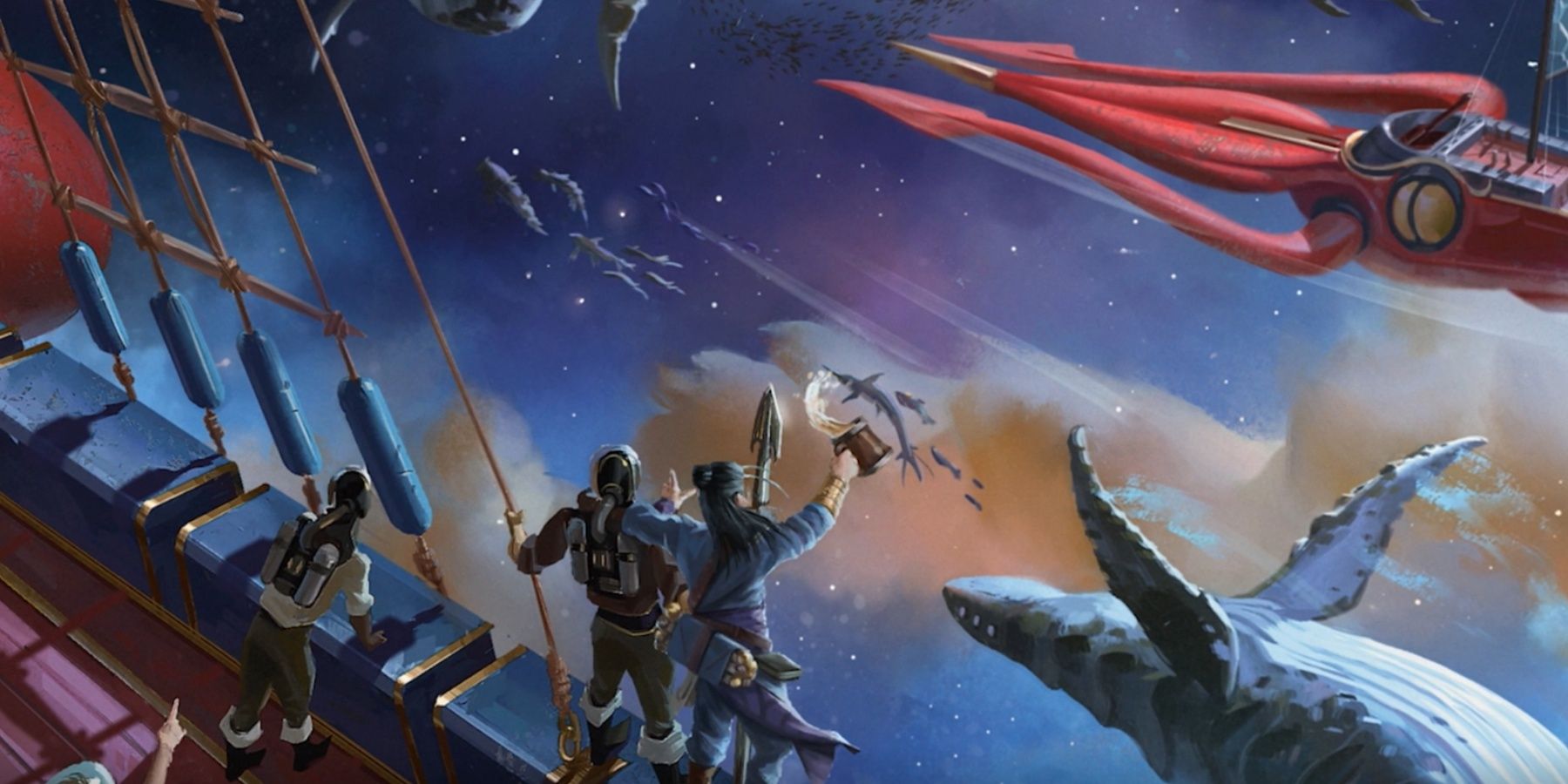 spelljammer characters looking over the side of a ship