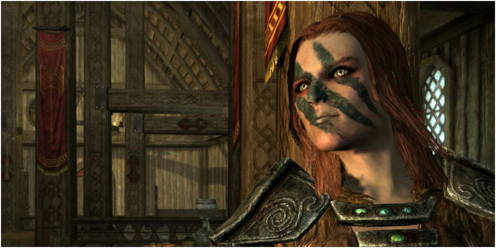 Aela the Huntress from Skyrim waits in a doorway