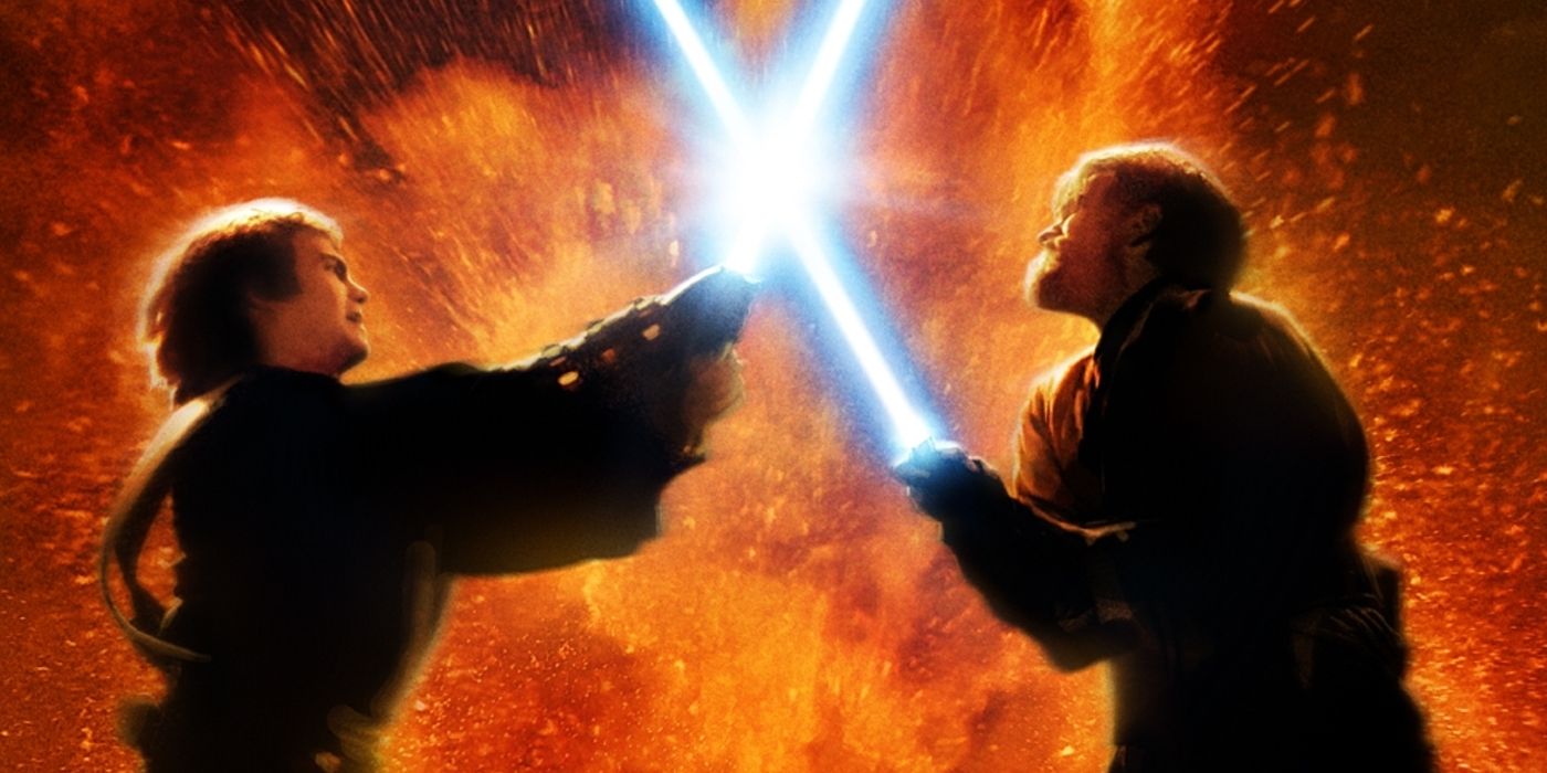Anakin et Obi-Wan s'affrontent dans une bataille au sabre laser alors que la lave éclate dans Star Wars.