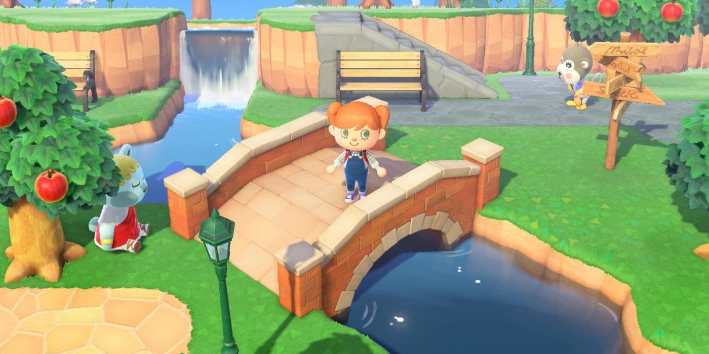 Player on a brick bridge in Animal Crossing