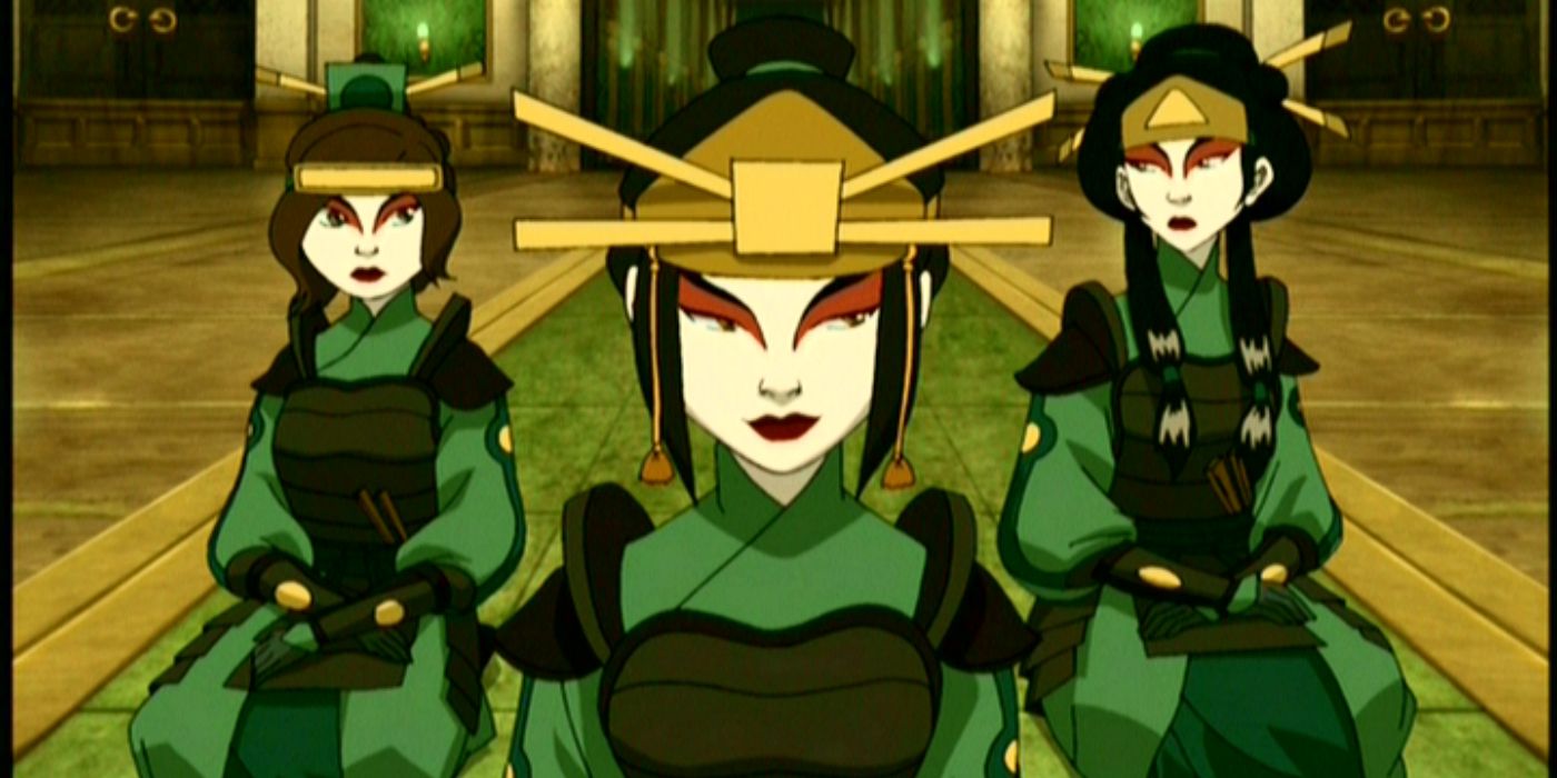 Ty-Lee, Azula and Mai disguised as Kyoshi Warriors in Avatar: The Last Airbender.