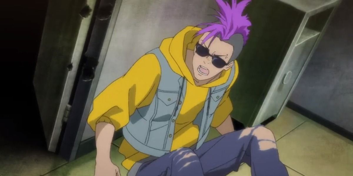 Shorter Wong with a purple mohawk sitting on the floor in Banana Fish