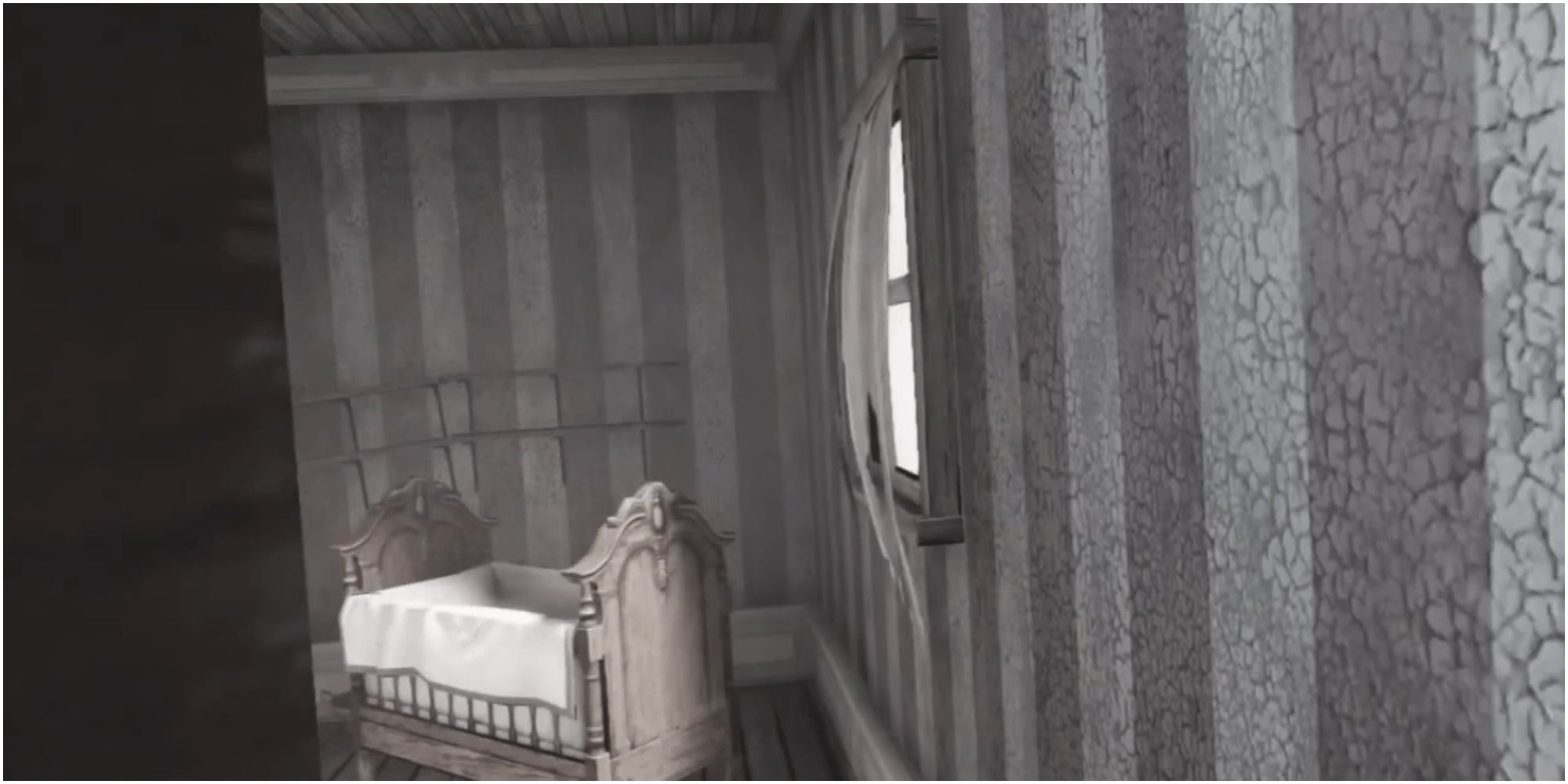 Bioshock Infinite's after credits scene, featuring a crib in a side room of Booker's office