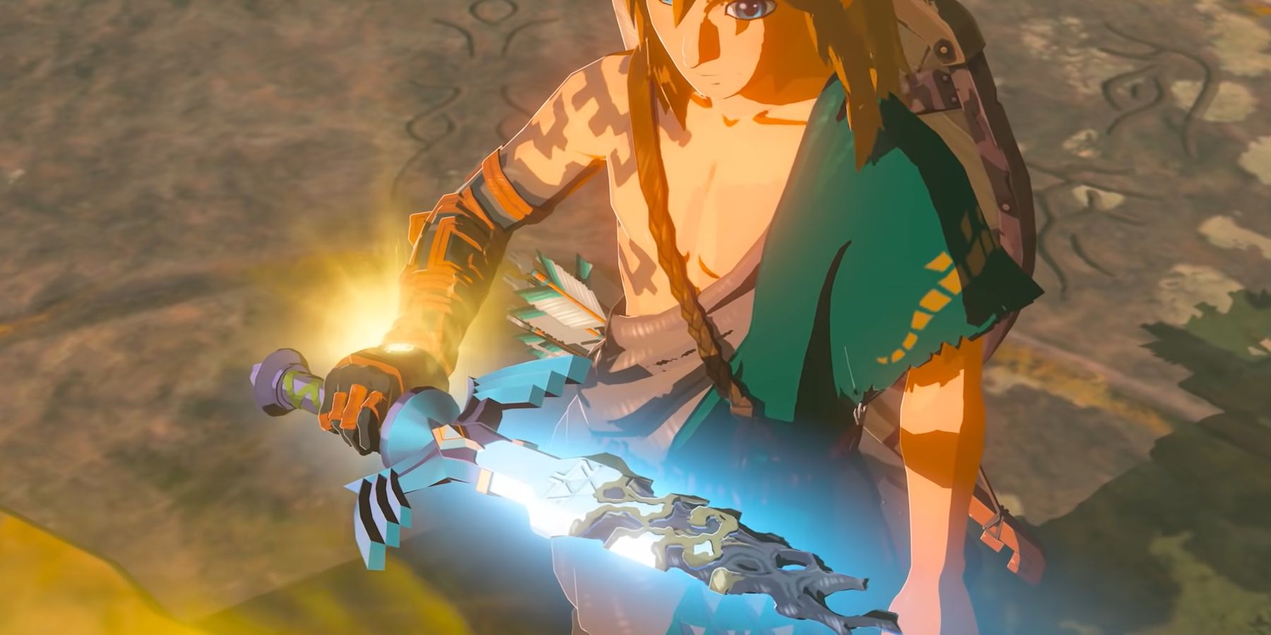 Link in The Legend of Zelda: Breath of the Wild 2 holding the broken Master Sword