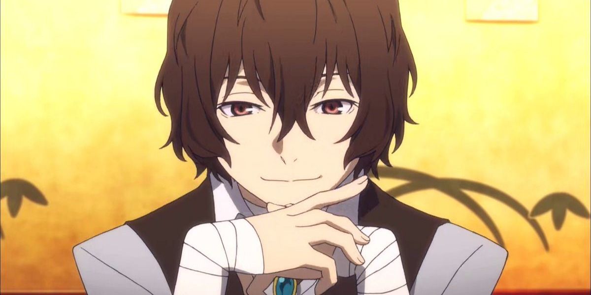 Osamu Dazai from Bungou Stray Dogs resting his chin atop his bandaged hands