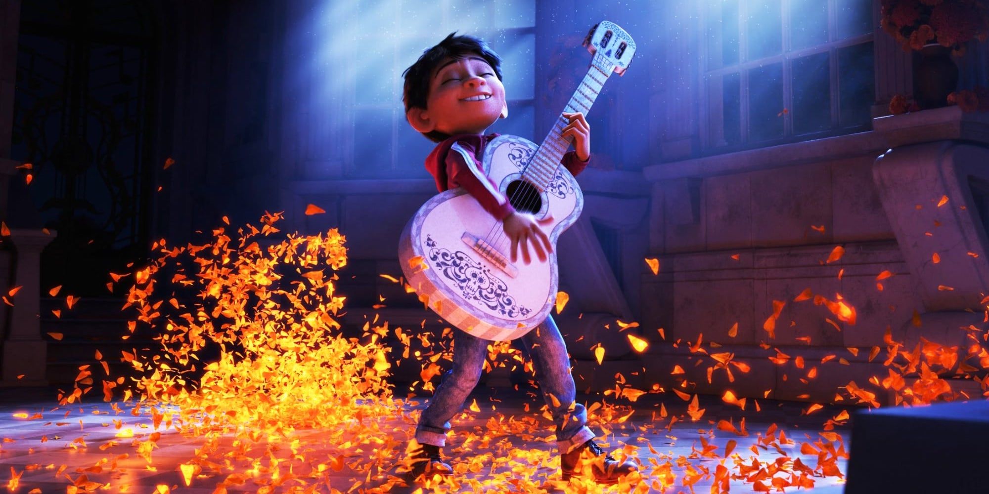 Miguel plays his great grandfather's guitar in Coco