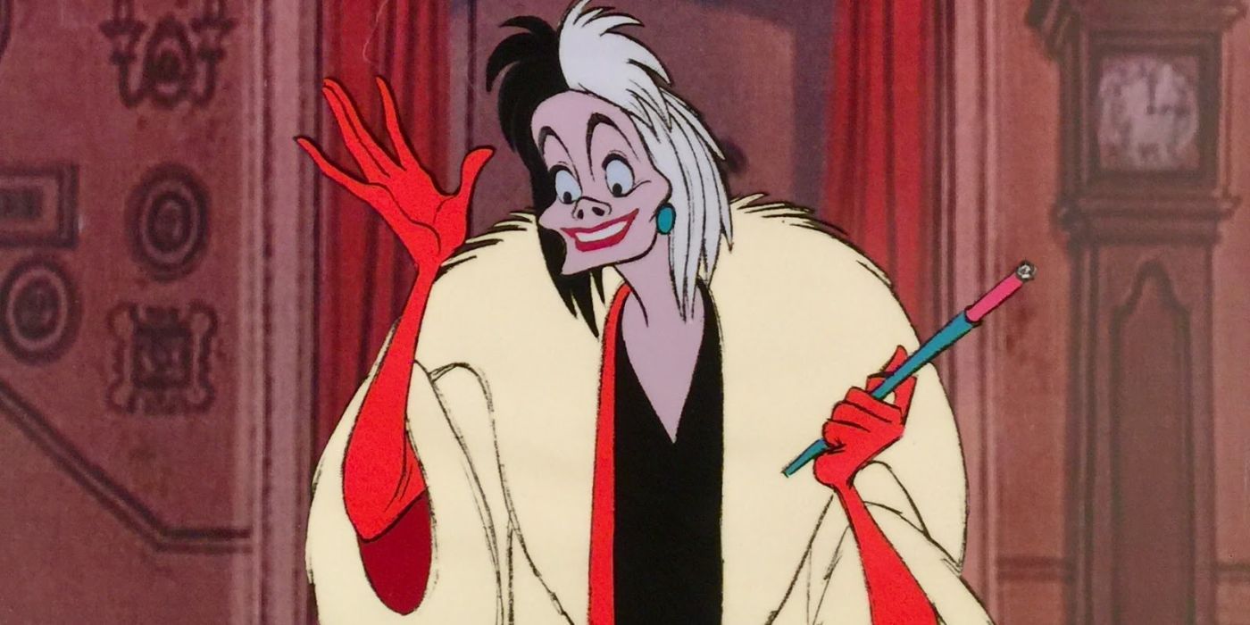 Cruella de Vil wearing red gloves and grinning as she smokes