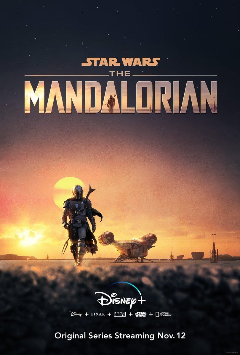The Mandalorian walking away from his ship with a dual sunset on The Mandalorian Poster