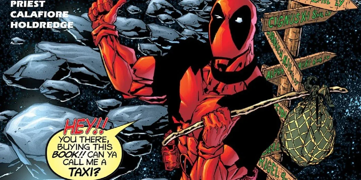 An image of Deadpool breaking the fourth wall in Marvel Comics
