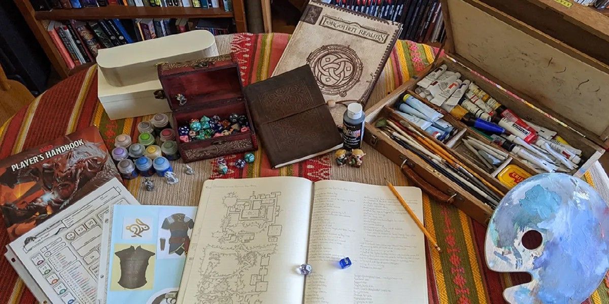 D&D table with dice and books