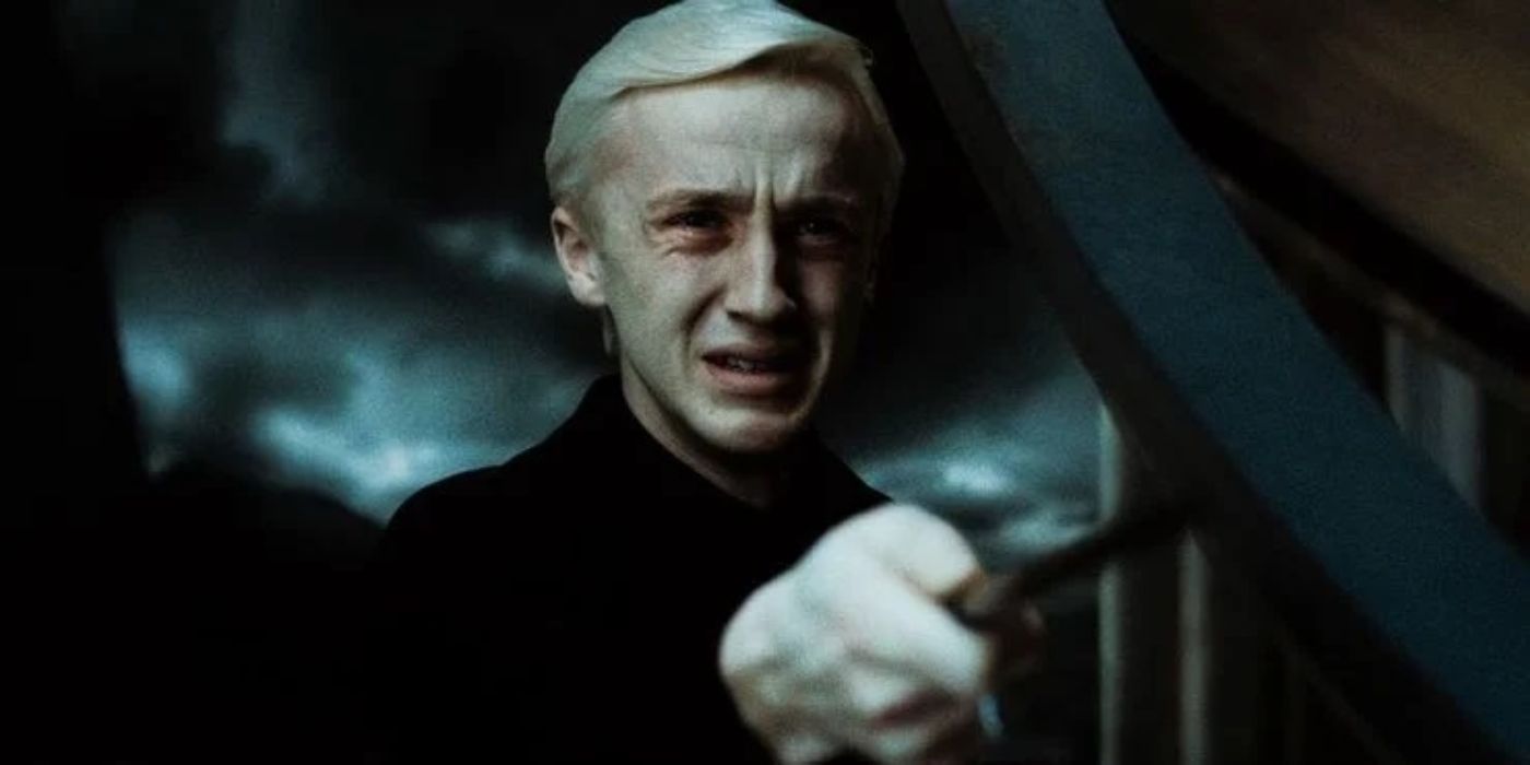 Draco Malfoy attempting to kill Dumbledore in Harry Potter and the Half-Blood Prince.