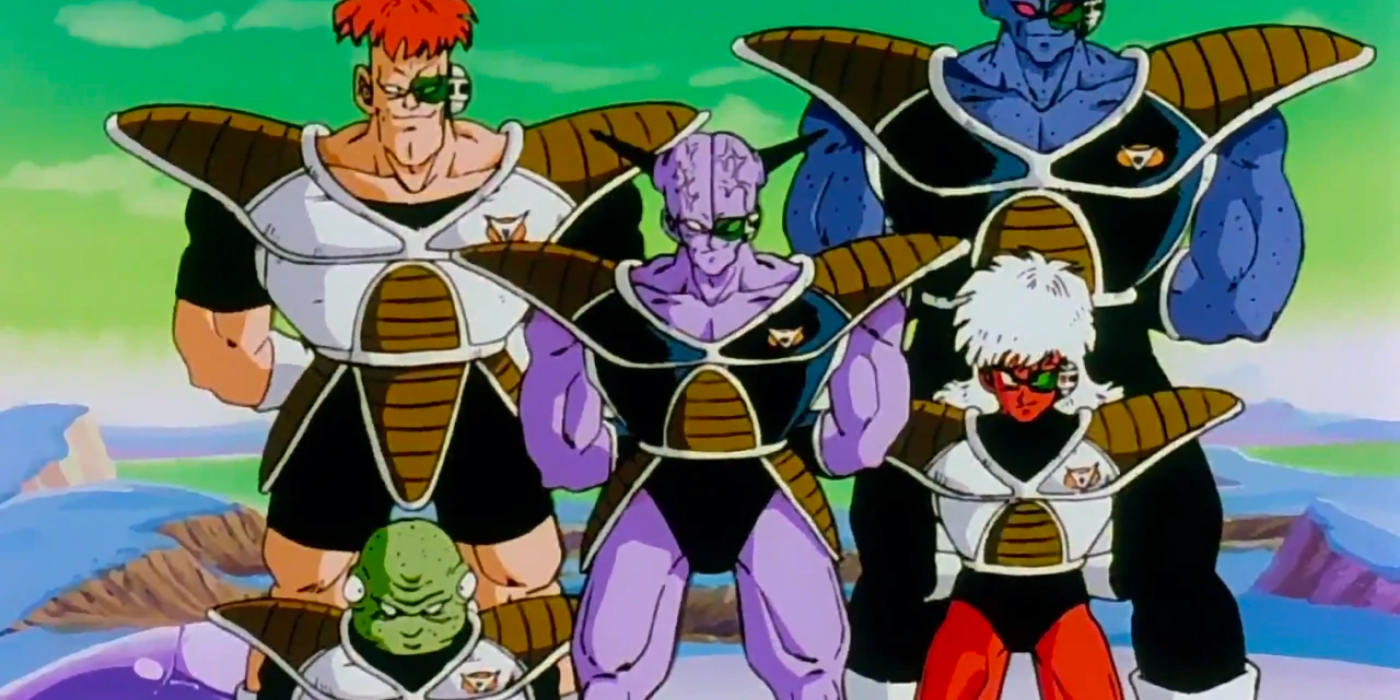 The Ginyu Force in Dragon Ball Z standing with their arms behind their backs.