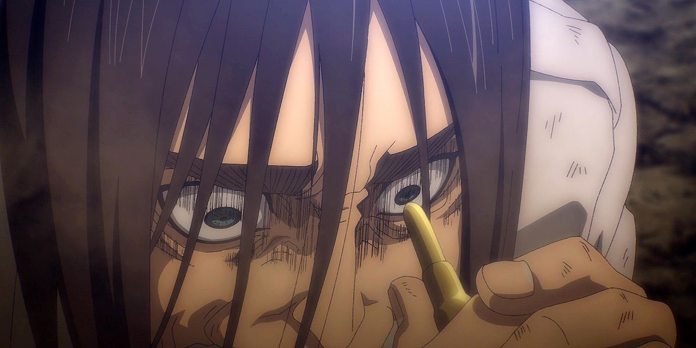 Um close de Eren em Attack on Titan, temporada 4