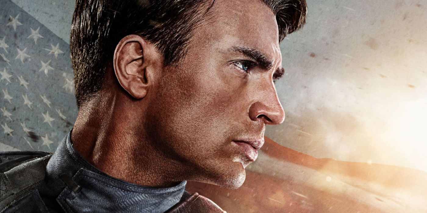 Captain America looks to the right with an American flag in the background in the movie poster for Captain America: The First Avenger