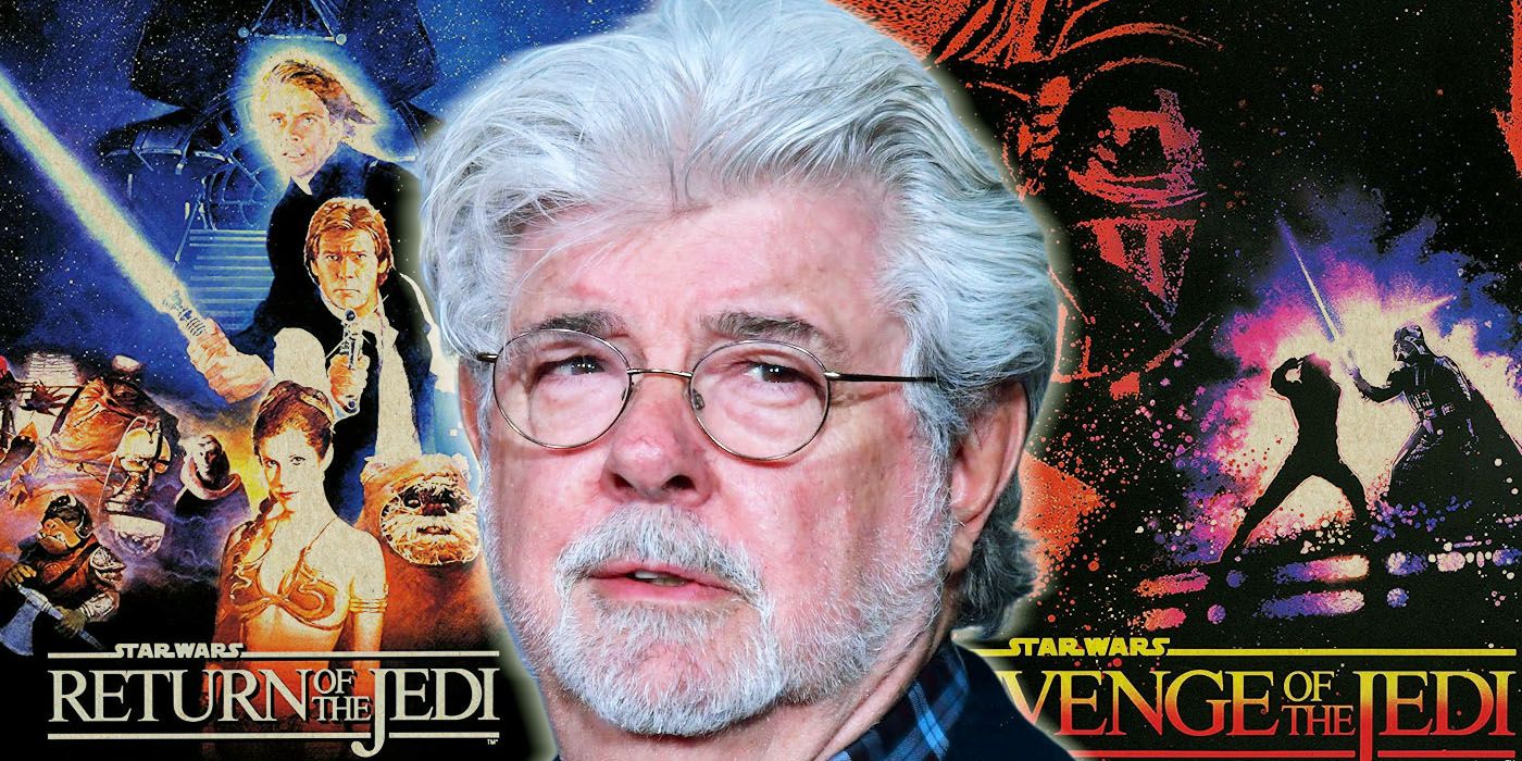 George Lucas in front of posters for Star Wars: Return of the Jedi and Revenge of the Jedi