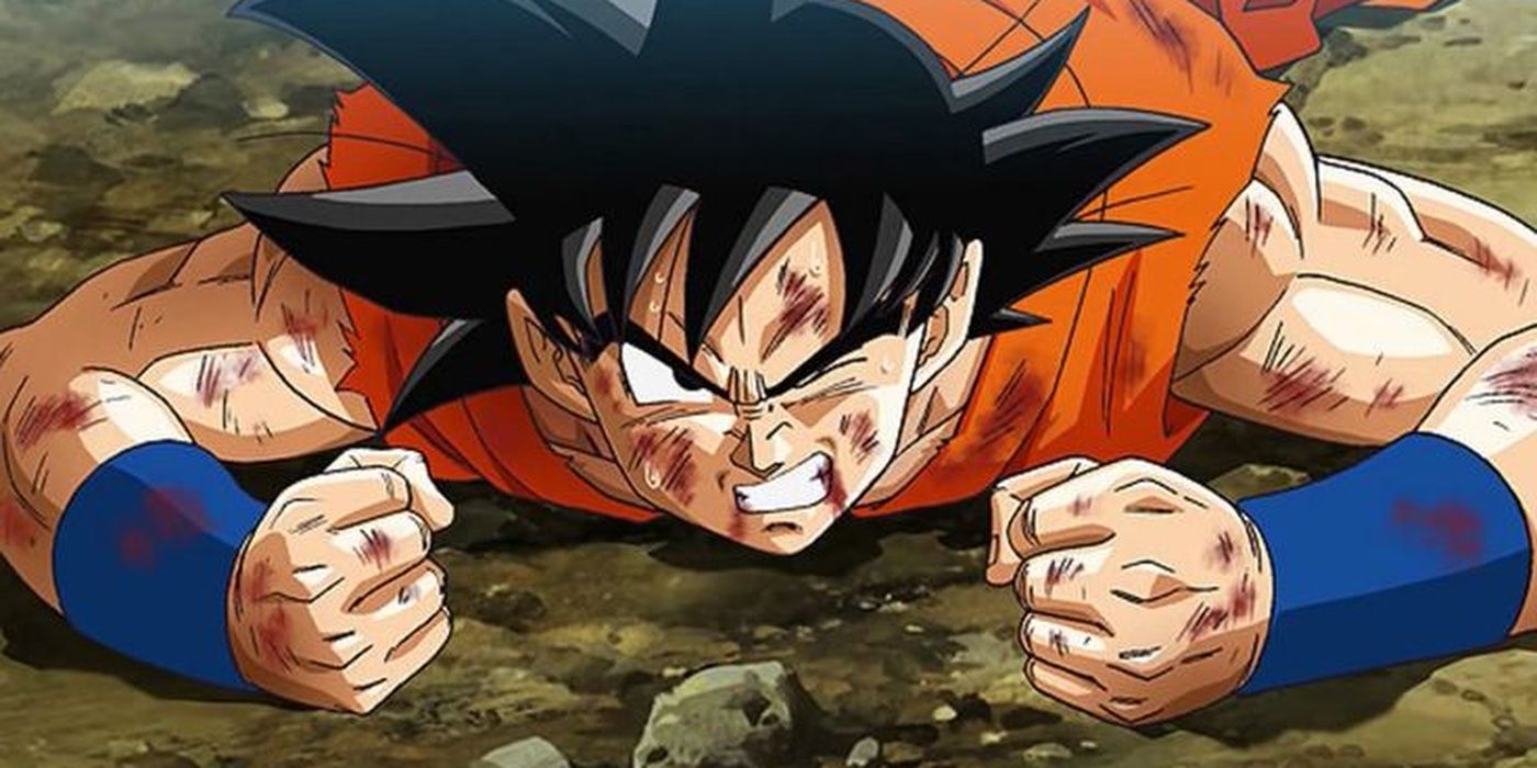 Goku on the ground injured in Dragon Ball.