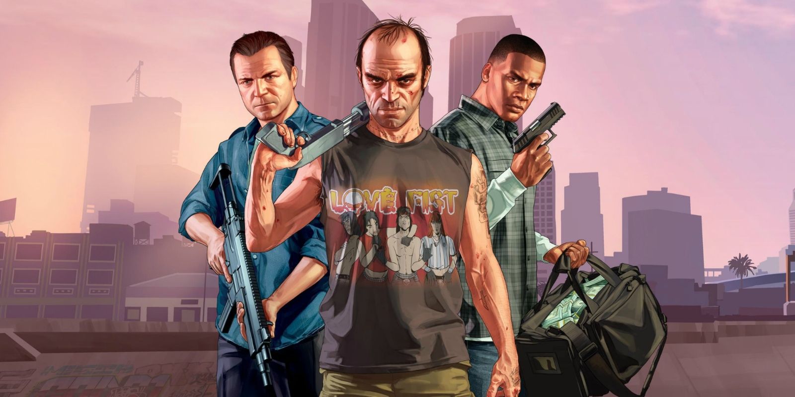 An image of promotional art for Grand Theft Auto 5