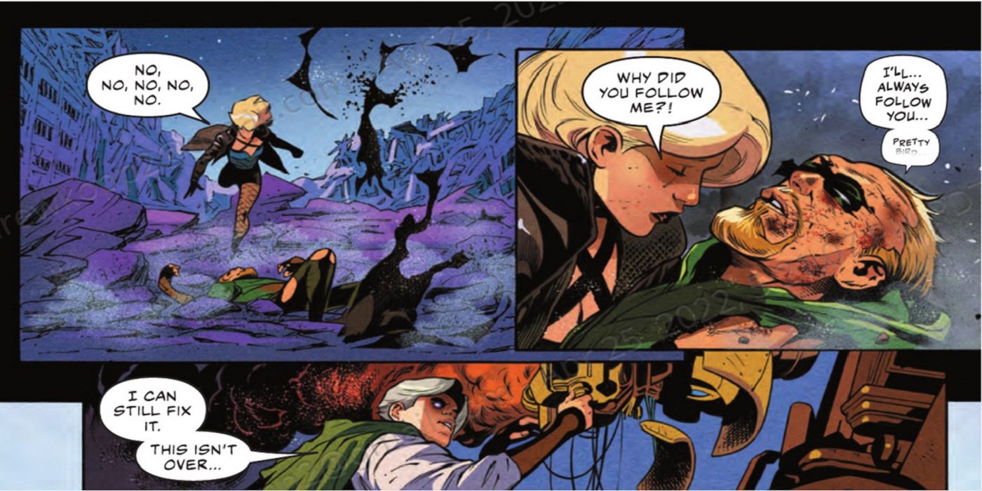 green arrow dies in a panel from "Death of the Justice League."
