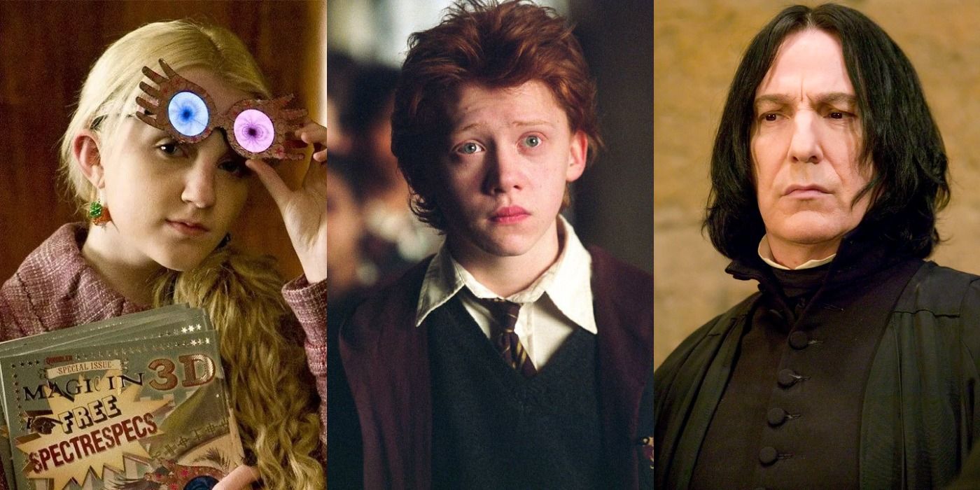 A split image of Evanna Lynch as Luna Lovegood, Rupert Grint as Ron Weasley, and Alan Rickman as Severus Snape in Harry Potter