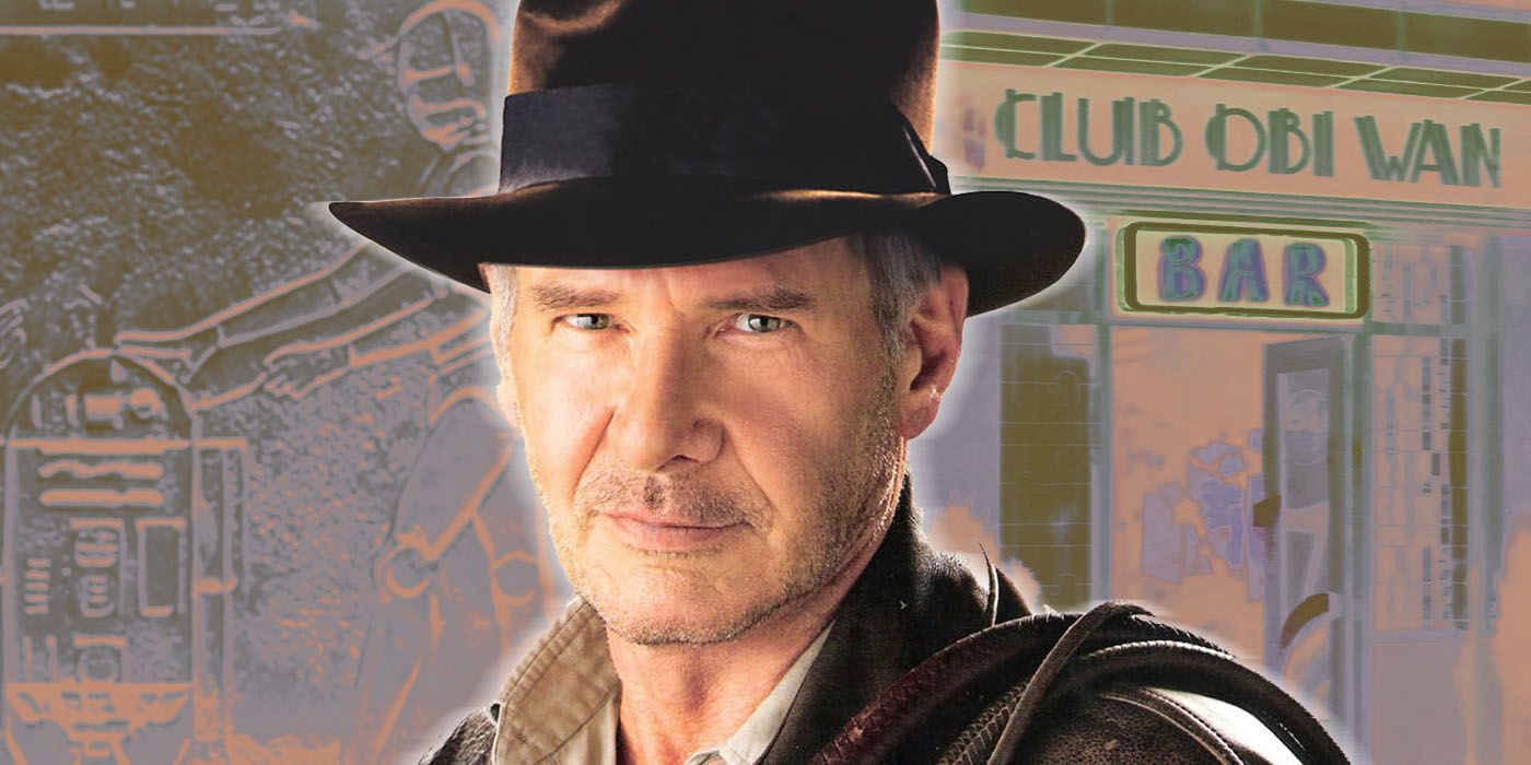 Indiana Jones standing in front of a Club Obi Wan bar sign