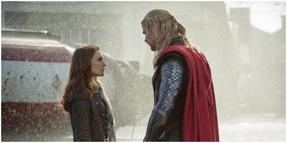 Jane and Thor looking at each other, about to kiss in Thor: The Dark World