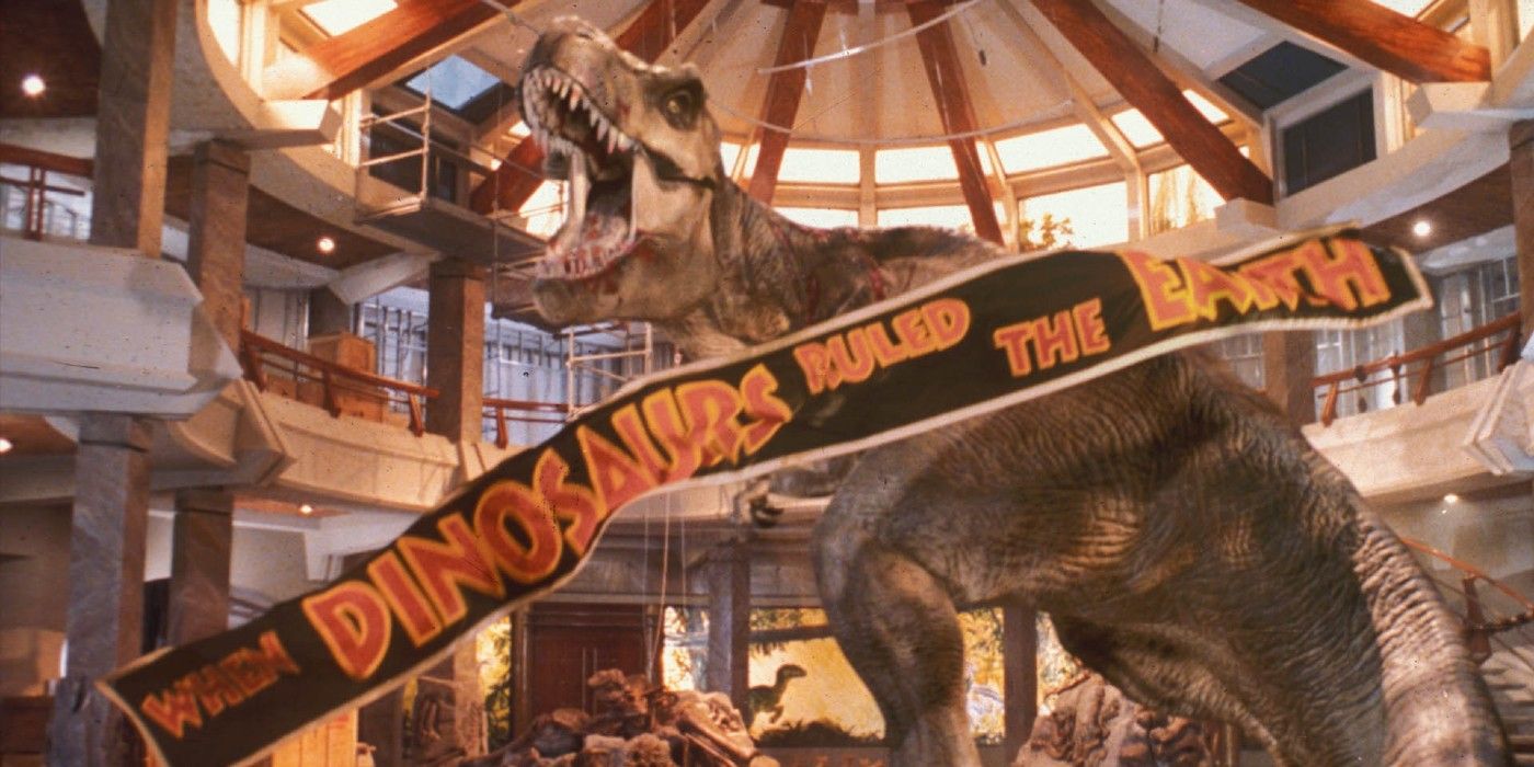 The T-rex rips down the banner at the end of Jurassic Park