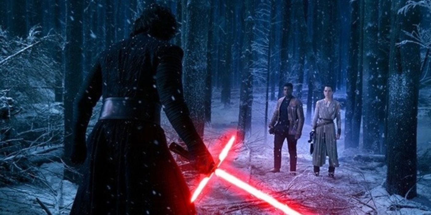 Kylo Ren in woods with Rey and Finn, Star Wars franchise