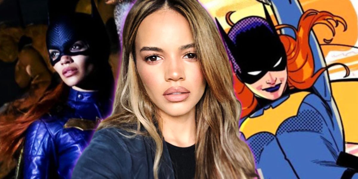 Leslie Grace in front of an image of her Batgirl and DC Comics' Batgirl.