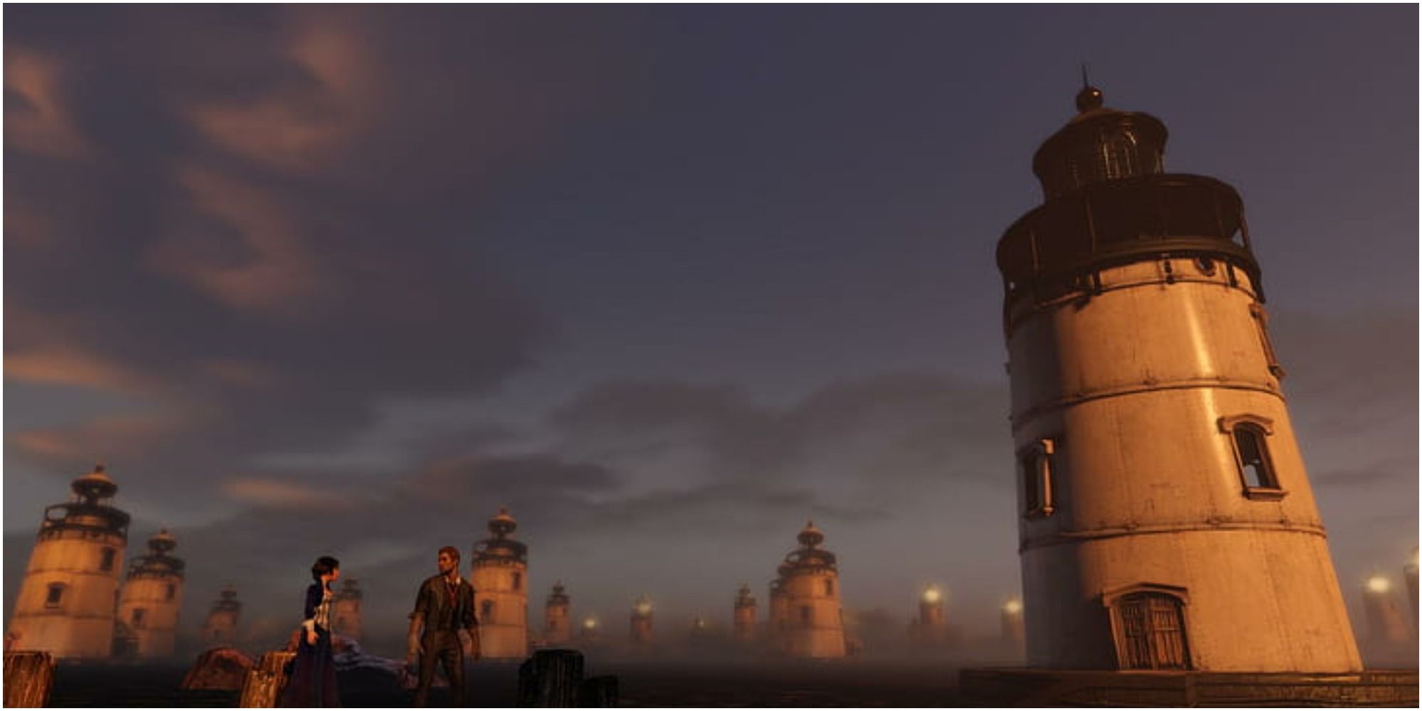 Elizabeth and Booker wander a landscape full of lighthouses in Bioshock