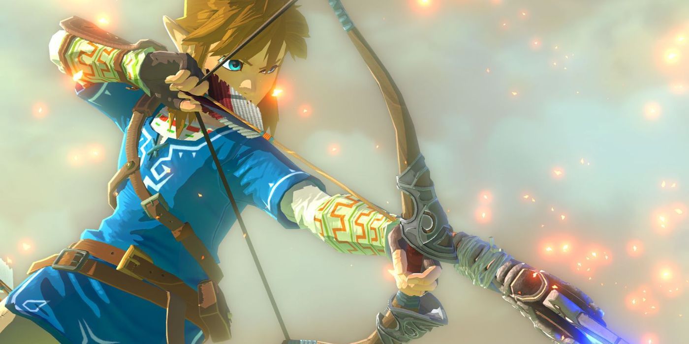 Link using a bow in The Legend of Zeld: Breath of the Wild.