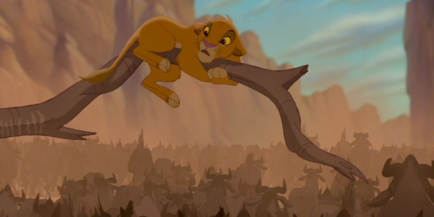 Simba Holding Onto Branch During Stampede, Lion King