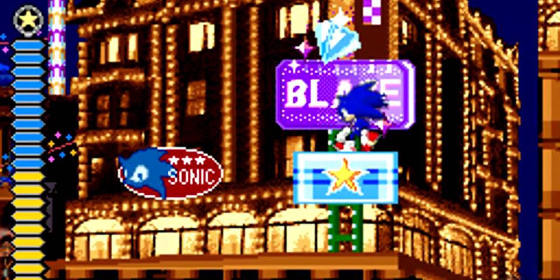 A screenshot of Sonic the Hedgehog in the level "Night Carnival" from Sonic Rush.