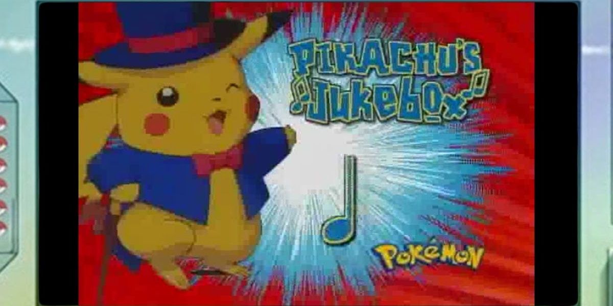 pikachu in a hat and suit with the text pikachu's jukebox