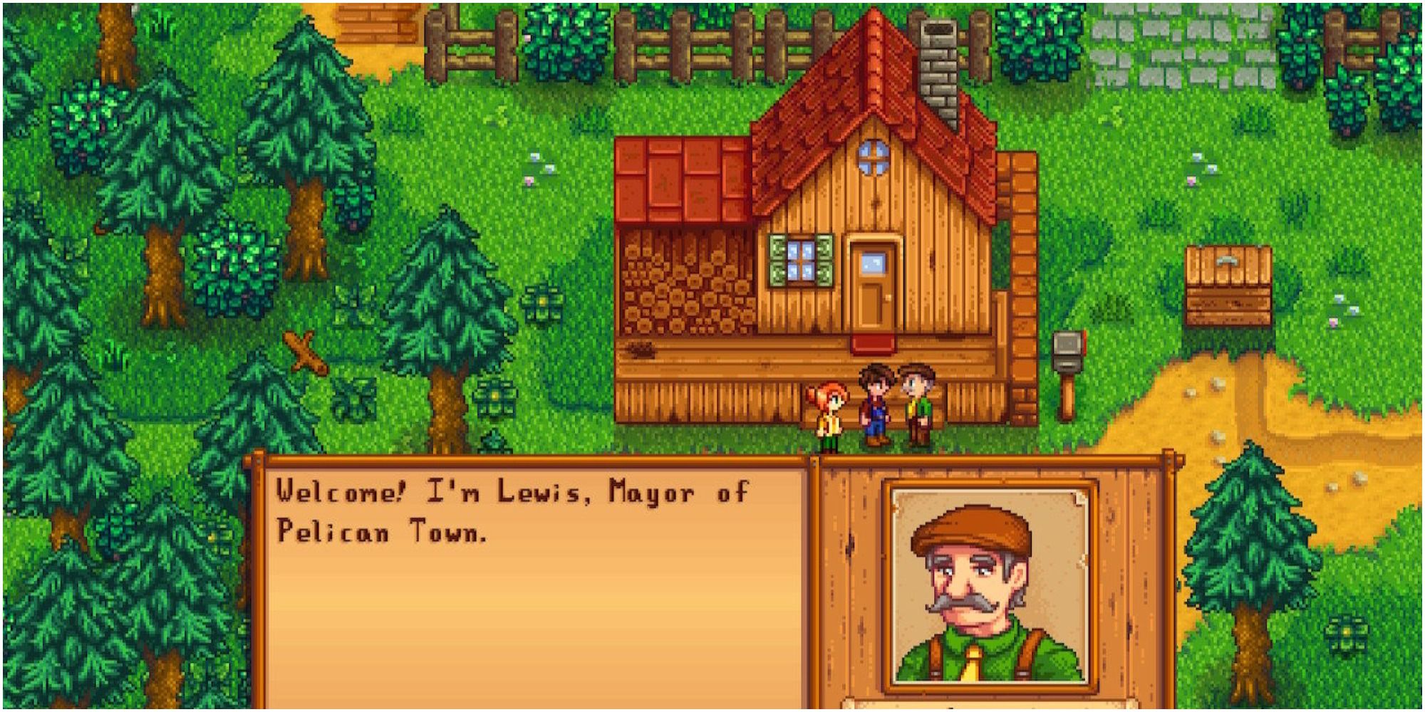 Mayor Lewis introduces himself to the player in Stardew Valley, outside their farmhouse