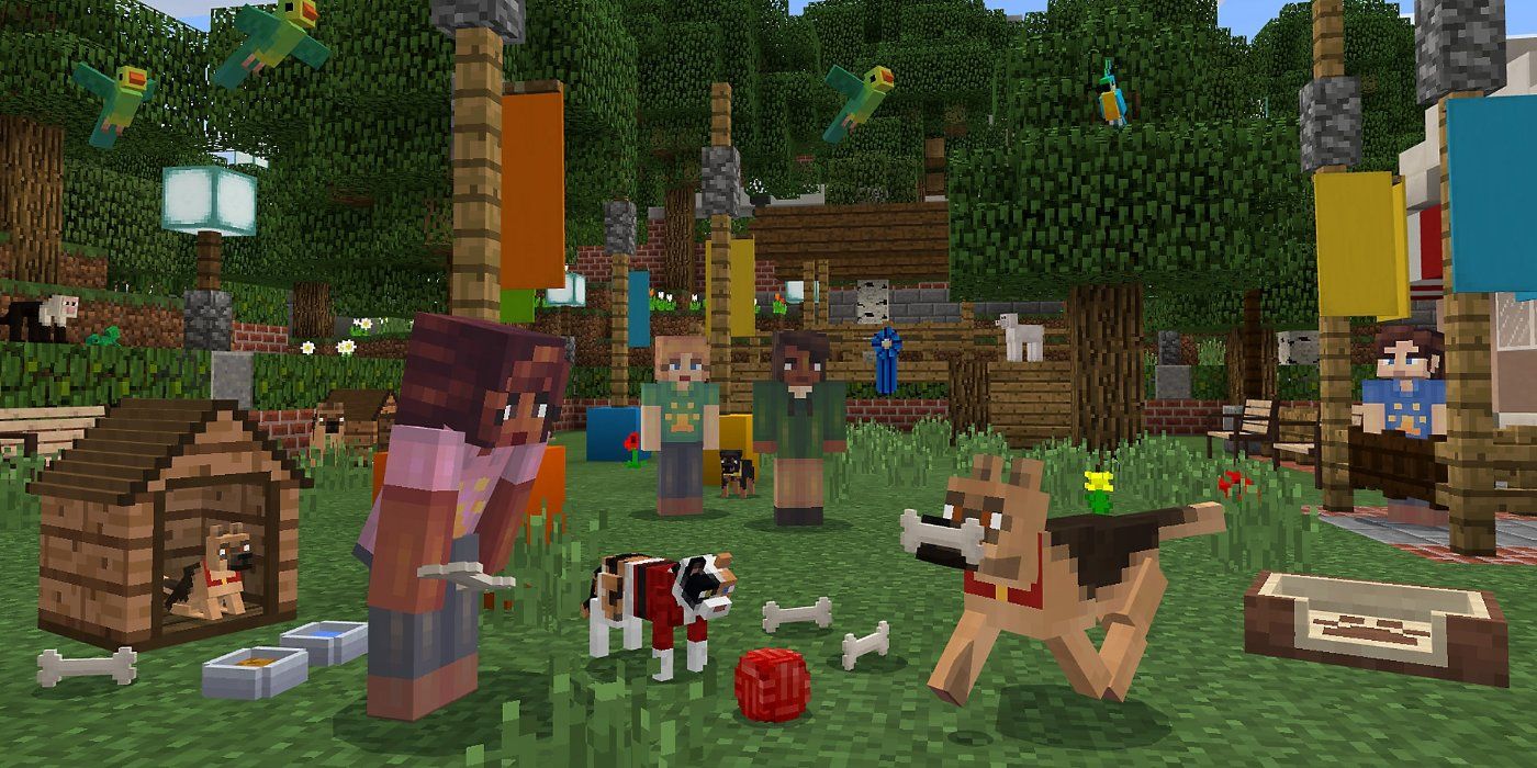 Screenshot of Minecraft, including players and dogs 