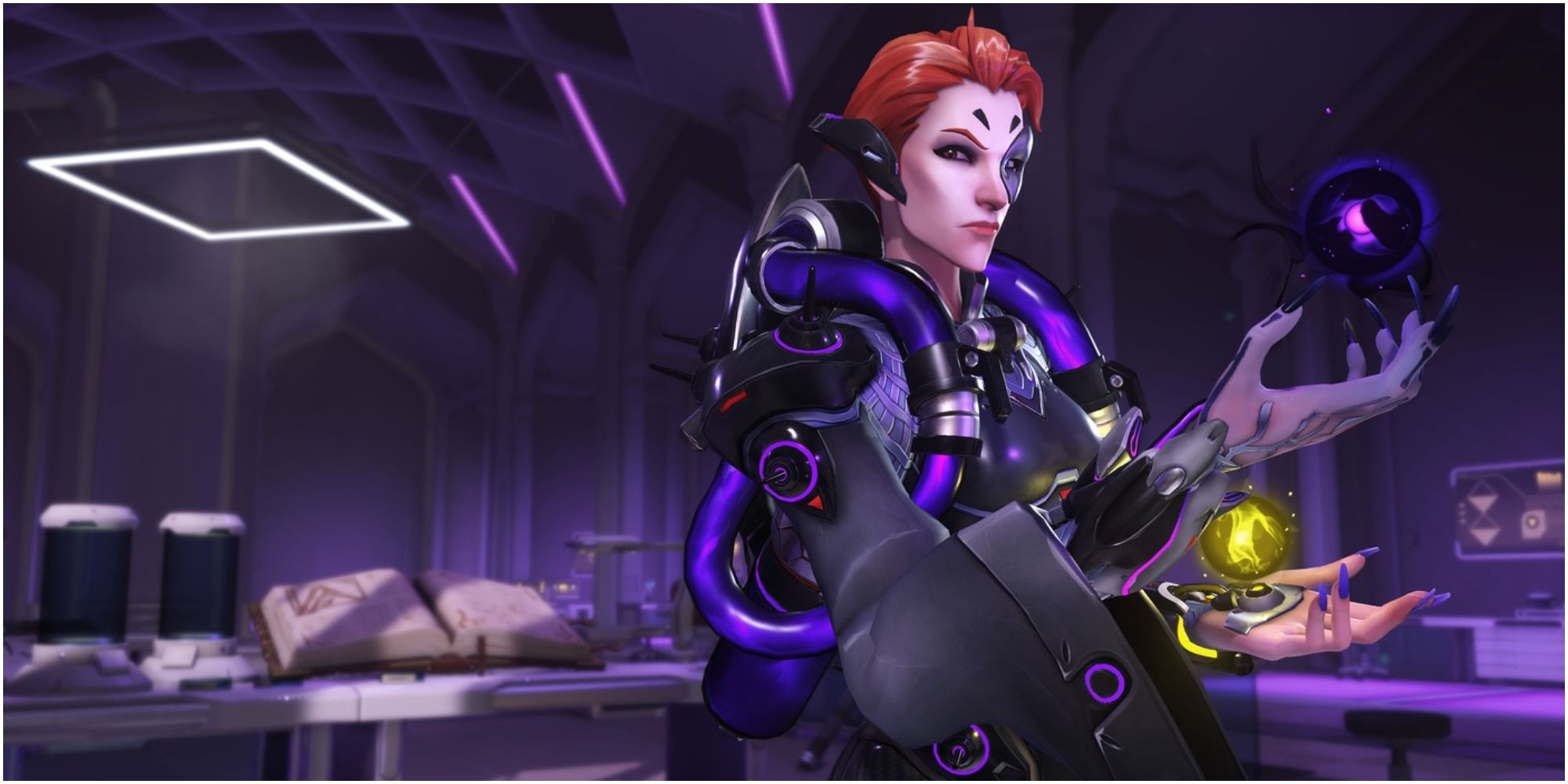 Moira in her lab in the game Overwatch
