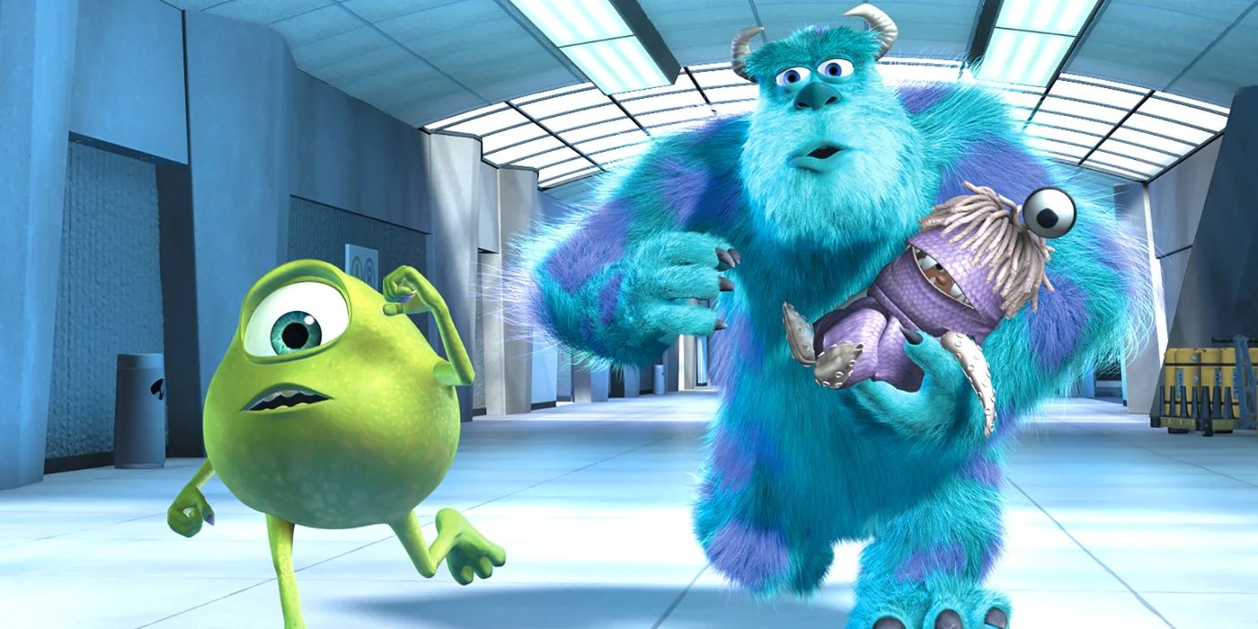 Sully, Mike, and the dressed up Boo run in Monsters Inc.