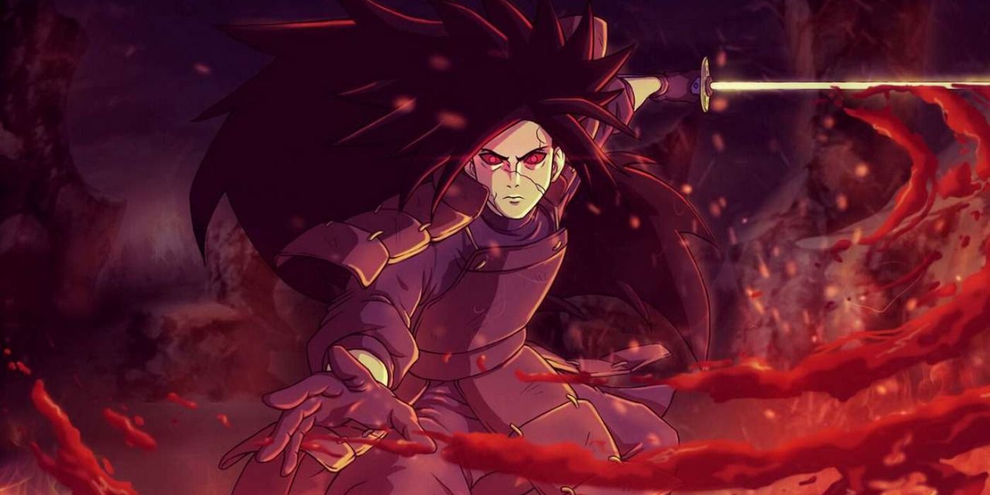Madara Uchiha sweeping forward with his blade to spill blood