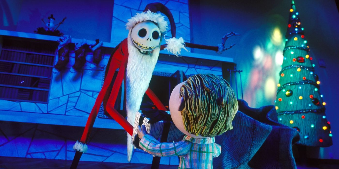 A still from Nightmare Before Christmas as jack hands a child a present