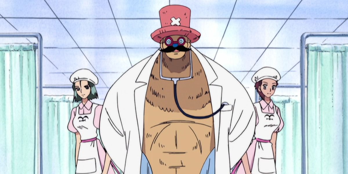One Piece's Chopper in Disguise as a shirtless doctor wearing glasses, a mustache and a tophat