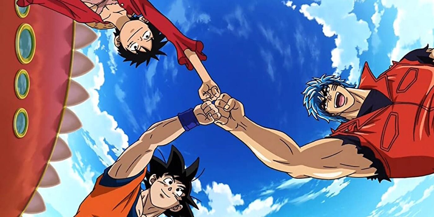 Luffy, Goku and Toriko fist bump in One Piece, Dragonball and Toriko crossover