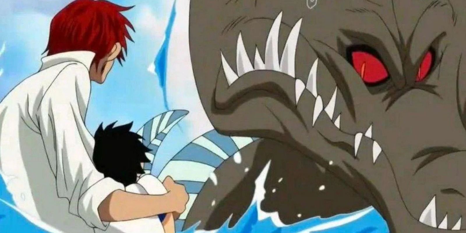 Shanks rescues young Luffy from Sea King in One Piece.