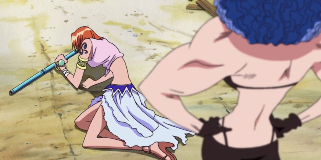 Nami fights Miss Doublefinger in Alabasta in One Piece.