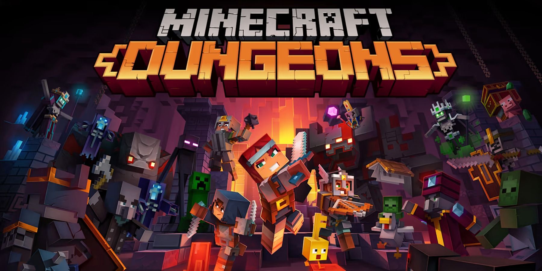 Four player characters battle through enemies on the cover art for Minecraft Dungeons