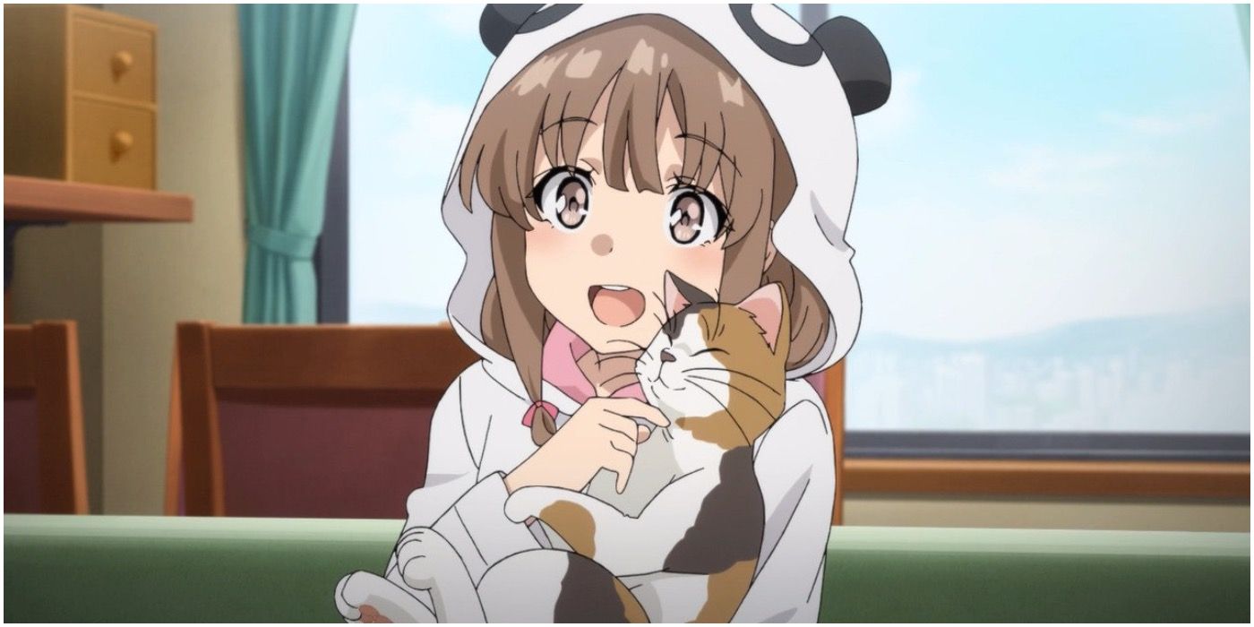 Kaede Azusagawa from Rascal Does Not Dream Of Bunny Girl Senpai holding a cat.