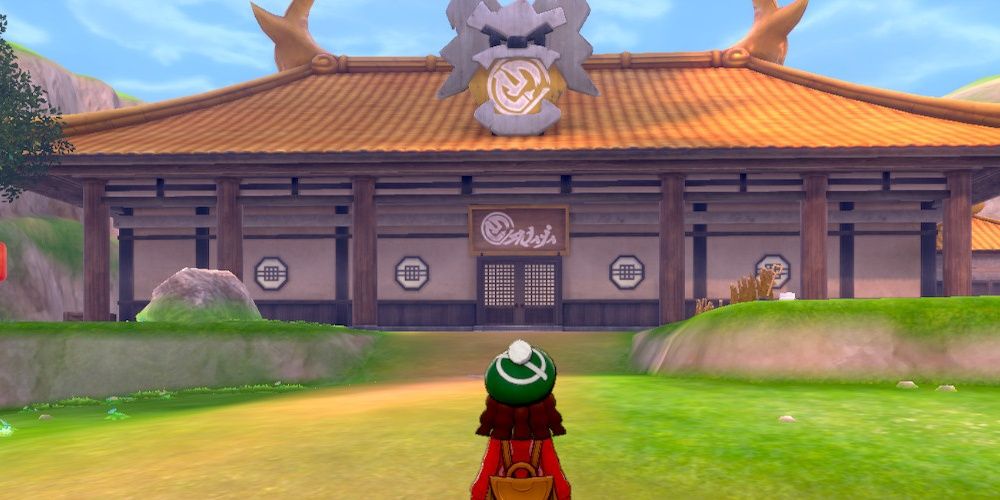 The player stands in front of the Master Dogo in the Isle of Armor for Pokémon Sword and Shield.
