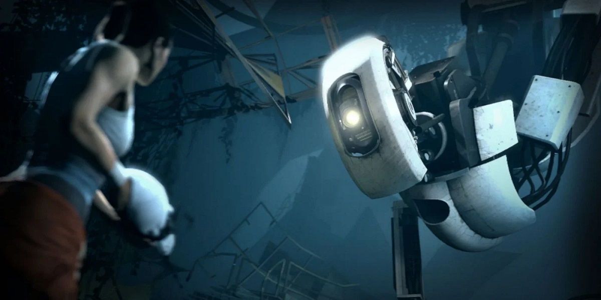 Chell and GLaDOS in Portal 2 looking at each other.