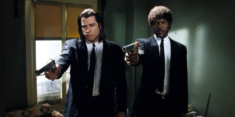 John Travolta (Vincent) and Samuel L Jackson (Jules) point cannons and look at someone off screen in fictional paste.