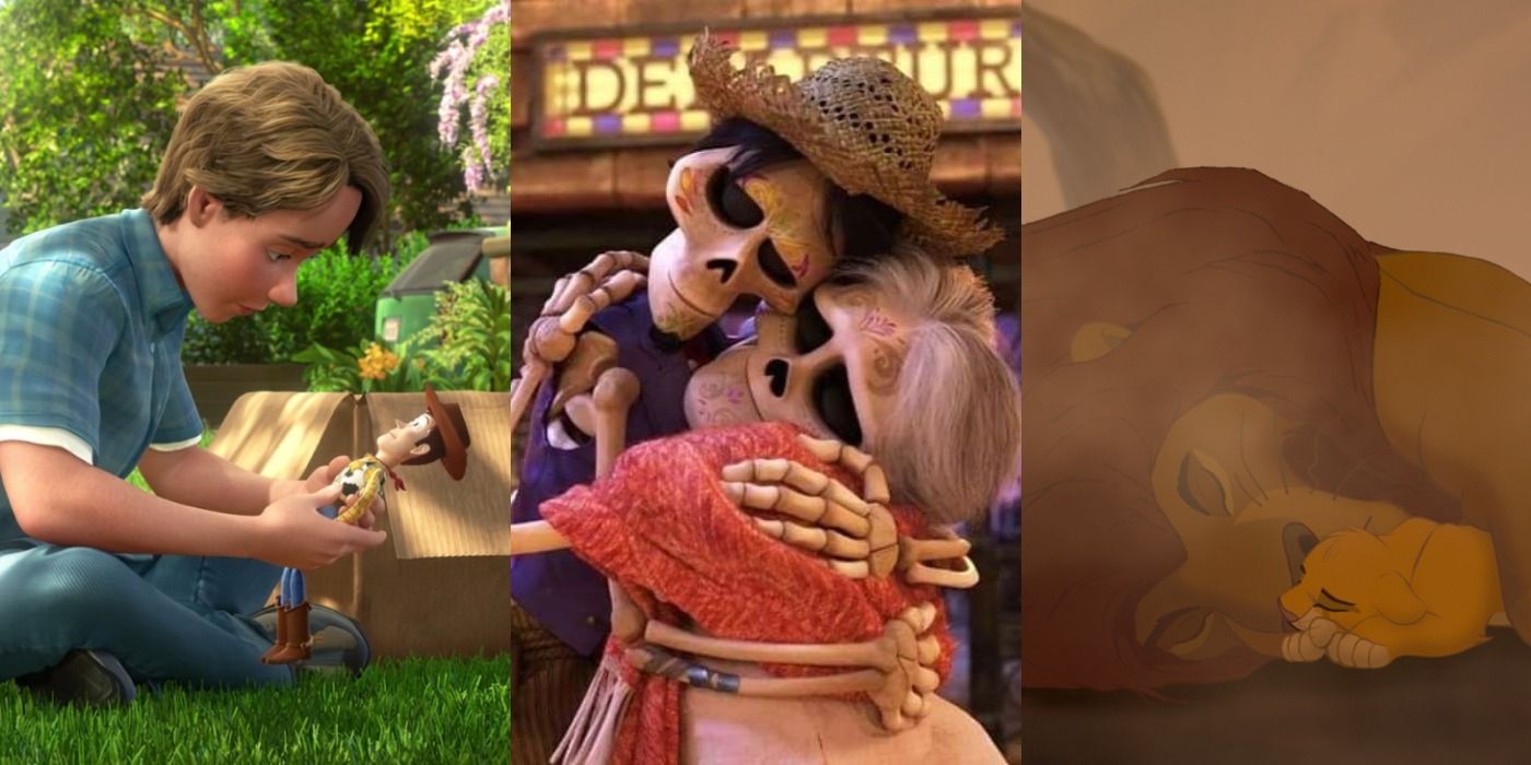 Split image of Andy from Toy Story, skeletons hugging from Coco, and Simba and Mufasa in Disney's Lion King